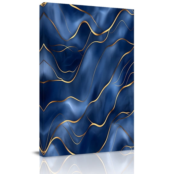 Canvas Wall Art, Navy Blue Marble Framed Canvas Prints for Bathroom Hallway, Abstract Modern Golden Geometric Small Gallery Wrapped Wall Decor for Home Office, Gifts, 8"x10" Ship Next Day