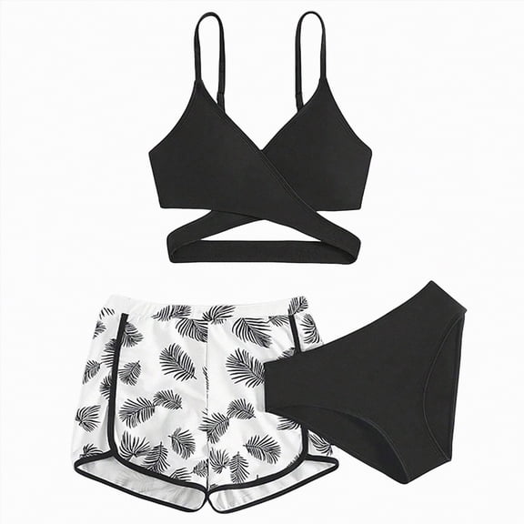 HCNTES Girls Swimsuit Size 10-12 Long Sleeve Girls Bikini Swimsuits with Shorts Kid 3 Piece Bikini Sets Sport Bathing Suits Girls Swimsuits Size 14-16 Two Piece(Black,7-8 Years)