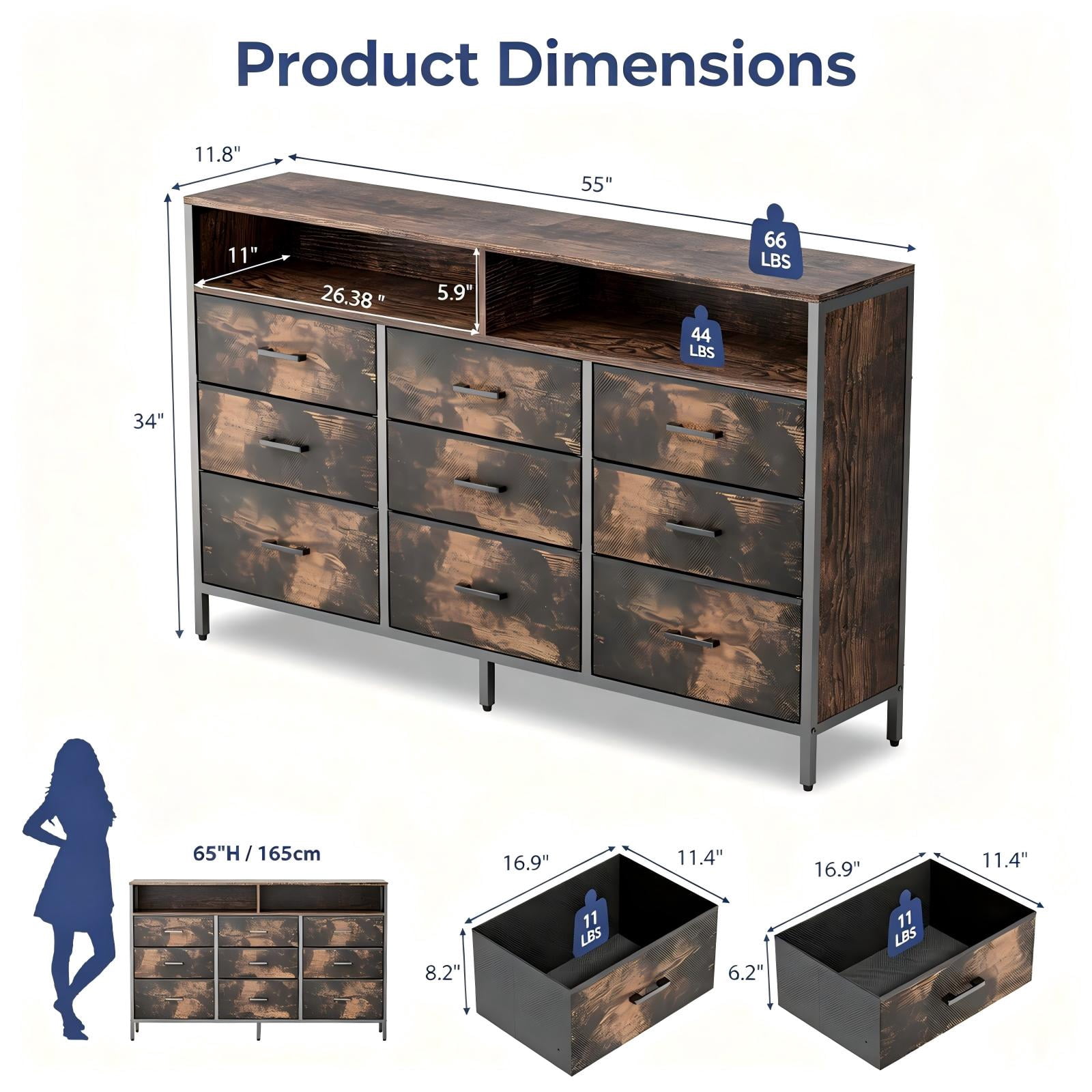 9-Piece Non-Woven Fabric Drawer Cabinet with Shelves, 55 x 11.8 x 34 in, Rotten Wood