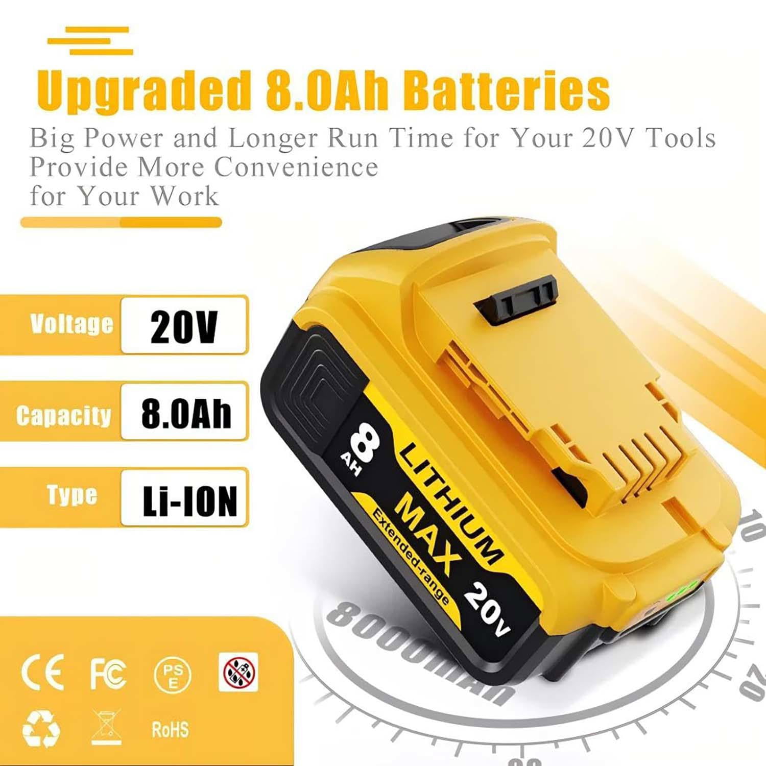 Persever 1Pack 8.0Ah DCB205 Replace for Dewalt 20V Max Li-on Battery Pin, DCB201 DCB180 DCB203 DCB204 DCB206 Suit for 20V Cordless Power Tools and Li-on Chargers,with LED Indicator