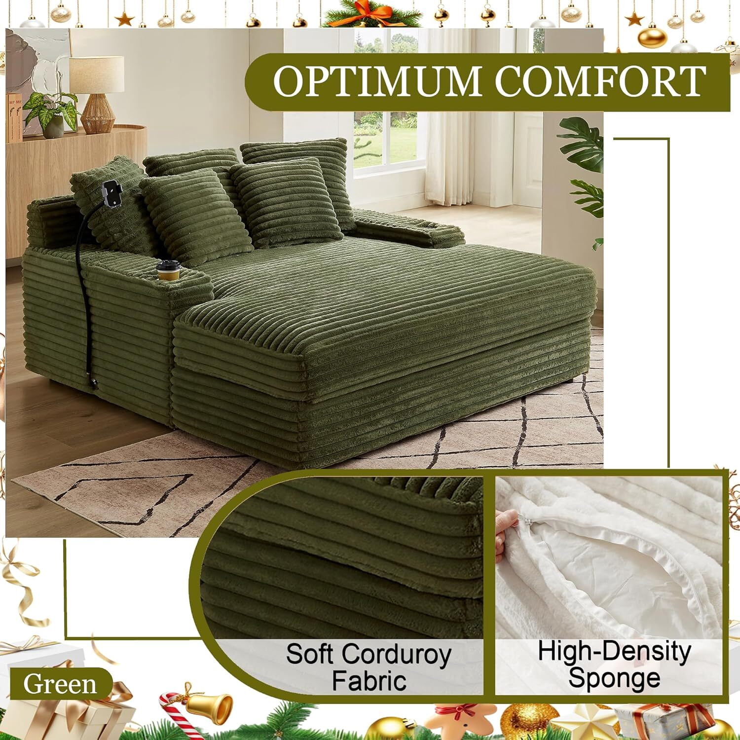 63" x 65" Oversized Chaise Lounge Chair, Corduroy Upholstered Sleeper Sofa with Wireless Charging and 2 Cup Holders, Sleeper Couch for Living Room, Bedroom, Home Theater