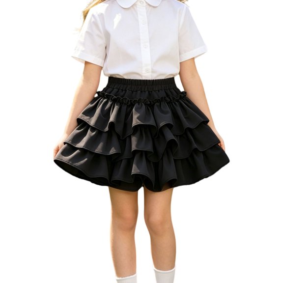 CPNG Girls Ruffled Layered Cake Skirt Sweet Elastic High Waist Solid Color A-line Casual Cute Skirts Princess Skirts(Black,7-8 Years)