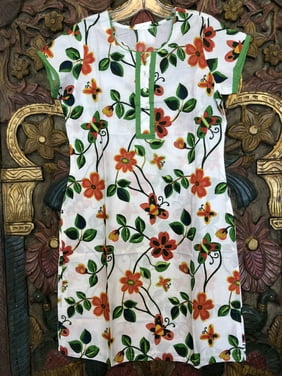 Mogul Women Floral Print Cotton Tunic Cap Sleeves Ethnic White Green Beautiful Kurta Dress S