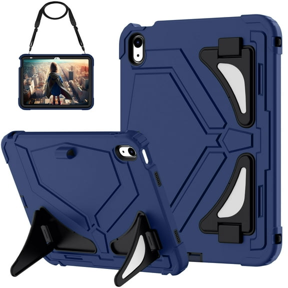 TECH CIRCLE Shockproof Kid Case with Shoulder Strap for iPad 11" (A16) 2025 Rlease and iPad 10.9" (10th Gen) 2022 Release, Drop Protection Protective Case with Kickstand/Pencil Holder, Blue Black