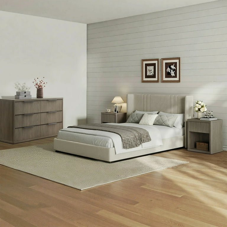 SICOTAS 3 Piece Farmhouse Bedroom Dresser and Nightstand Set, Fluted 6  Drawer Dresser, Nightstand Set of 2 with Drawer & Open Shelf for Living  Room, ...