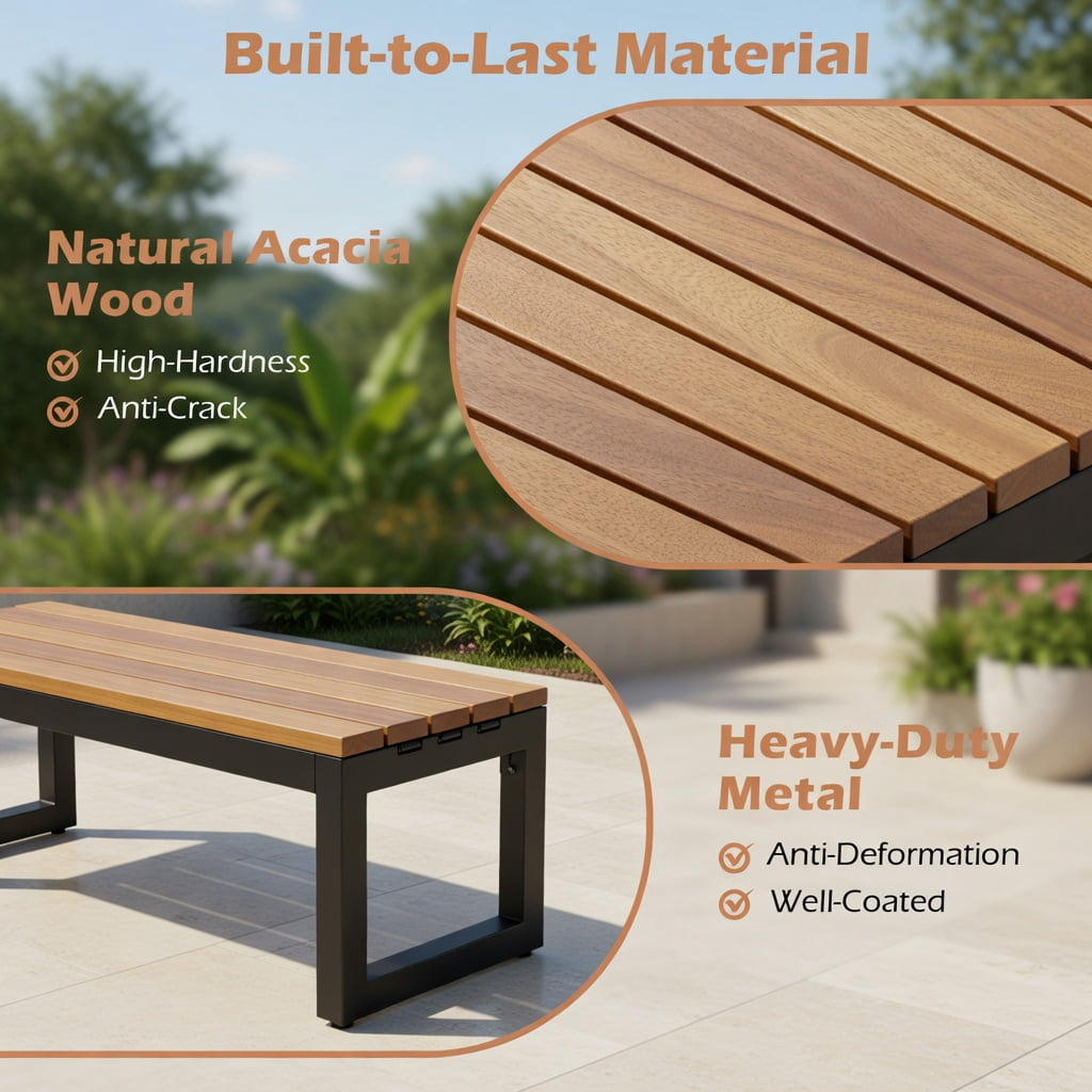 Hommoo 2-Piece Curved Patio Bench Set, Acacia Wood Slatted Seat with Powder-Coated Metal Legs, Outdoor Seating for Backyard, Poolside & Balcony, Yellow