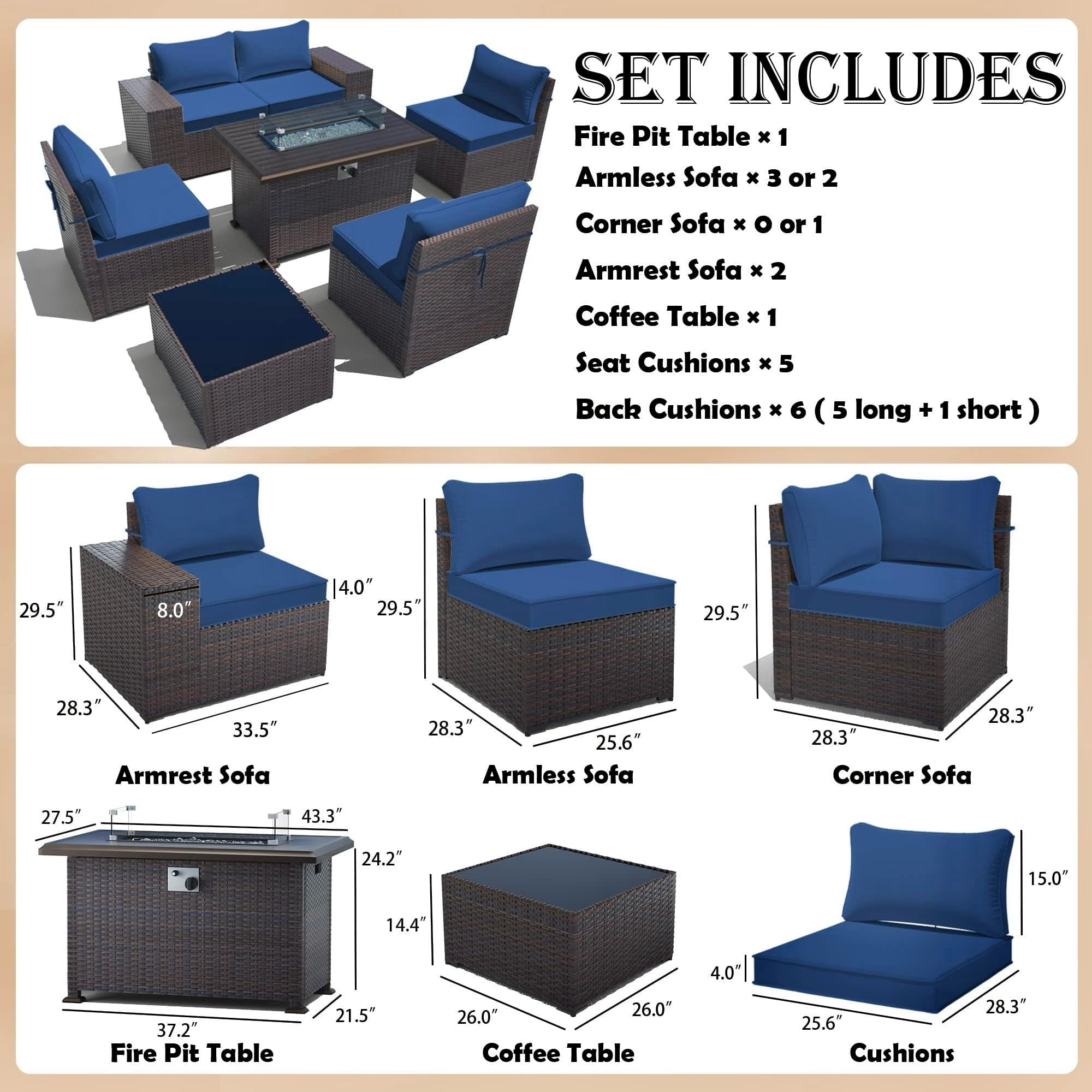 Gotland Outdoor Patio Set 8 Pcs Rattan Wicker Sofa with 43.3" Gas Fire Pit Table, Navy Blue
