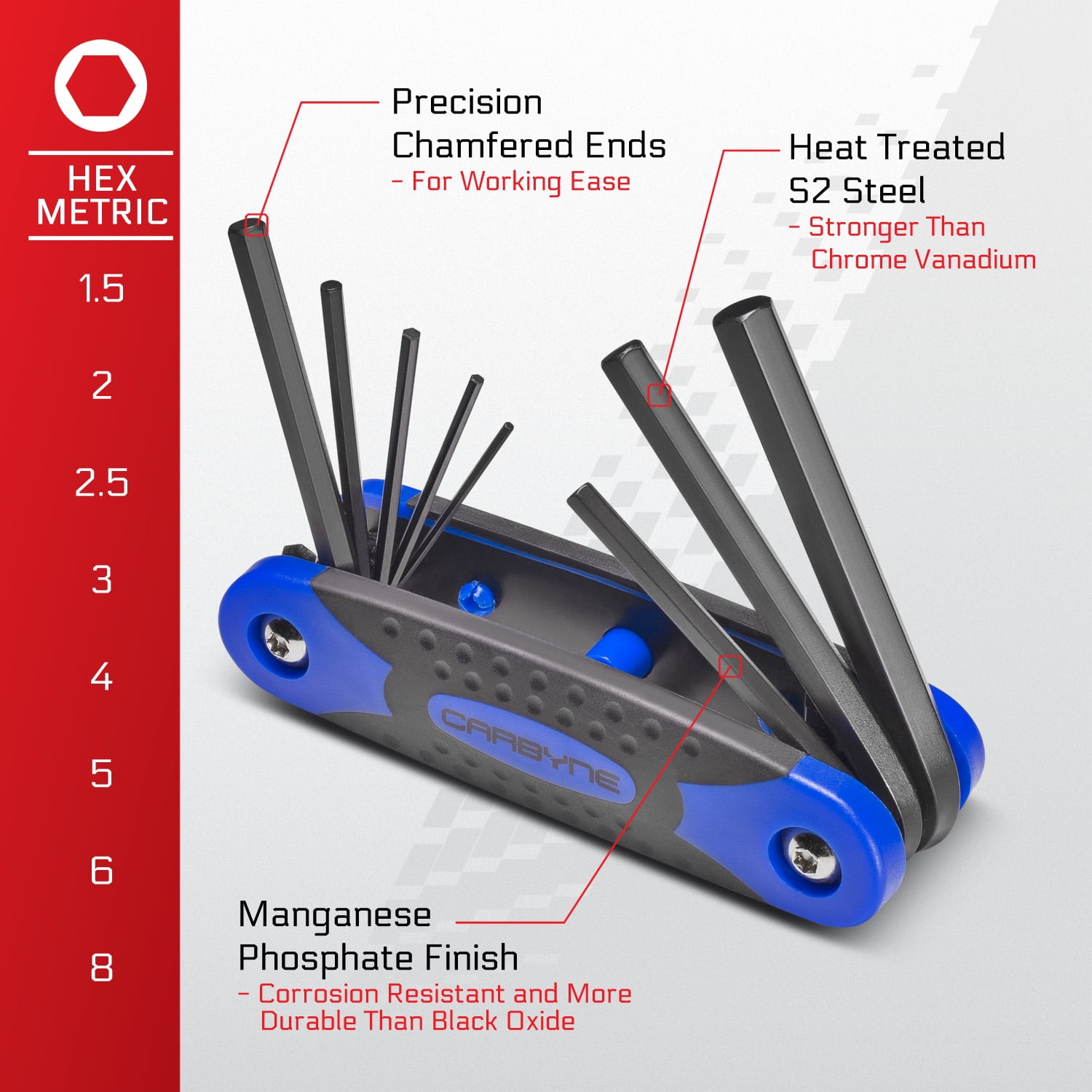 Carbyne 25-Piece Folding Hex (Allen) Key and Star (Torx) Wrench Set, SAE/Metric/Torx, S2 Steel, Manganese Phosphate, Lifetime Warranty