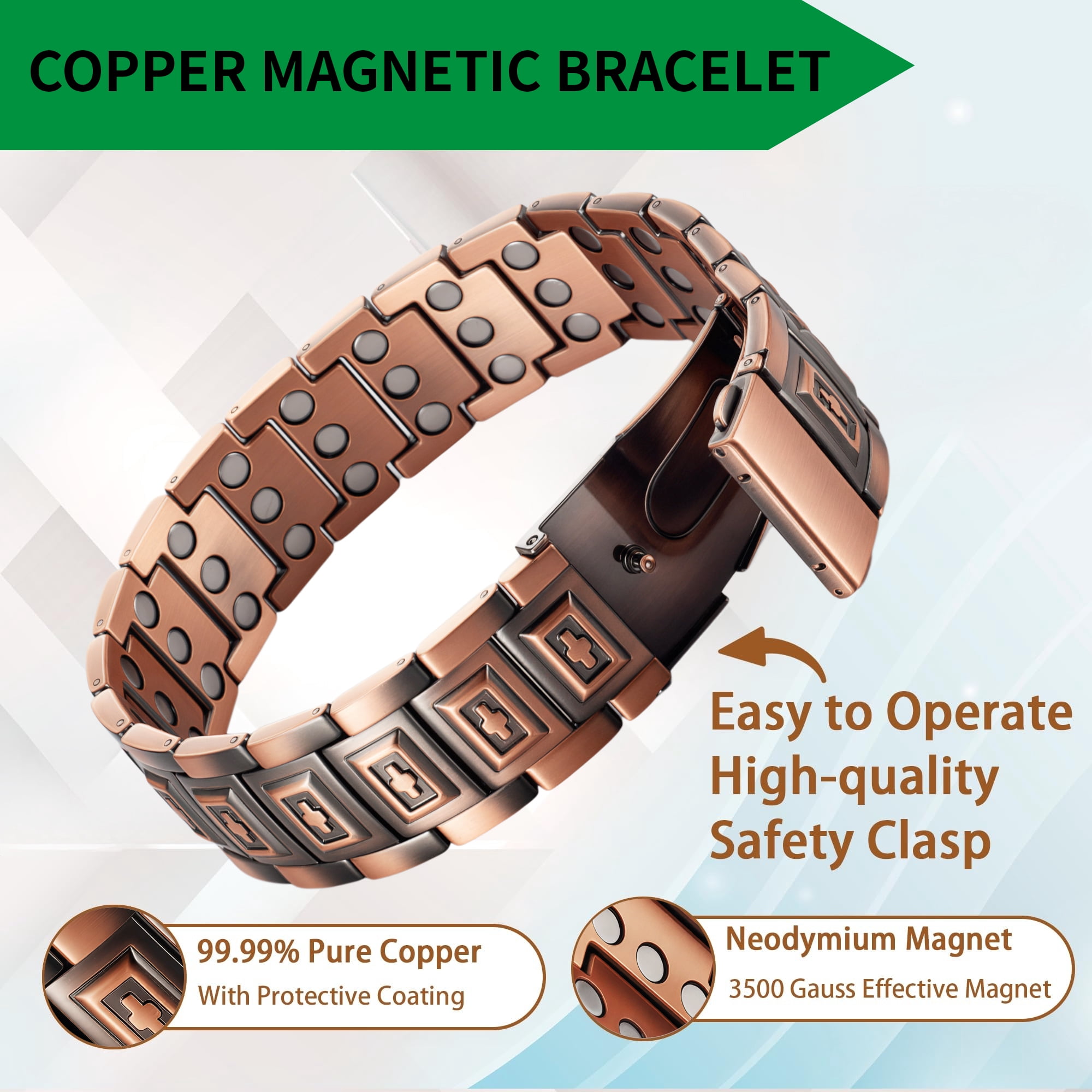 Wollet  3X  Copper Magnetic Bracelet for Men, Gifts for Husband, 8.7 in, Come with Sizing Tool