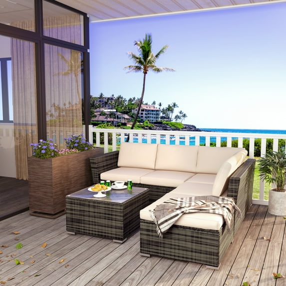 4 Piece Patio Wicker Furniture Sets, Outdoor Cushioned Conversation Sofa Sets with Tea Table and Ottoman, All-Weather PE Wicker Chairs Set for Backyard, Balcony, Poolside, Lawn, Brown, D6897