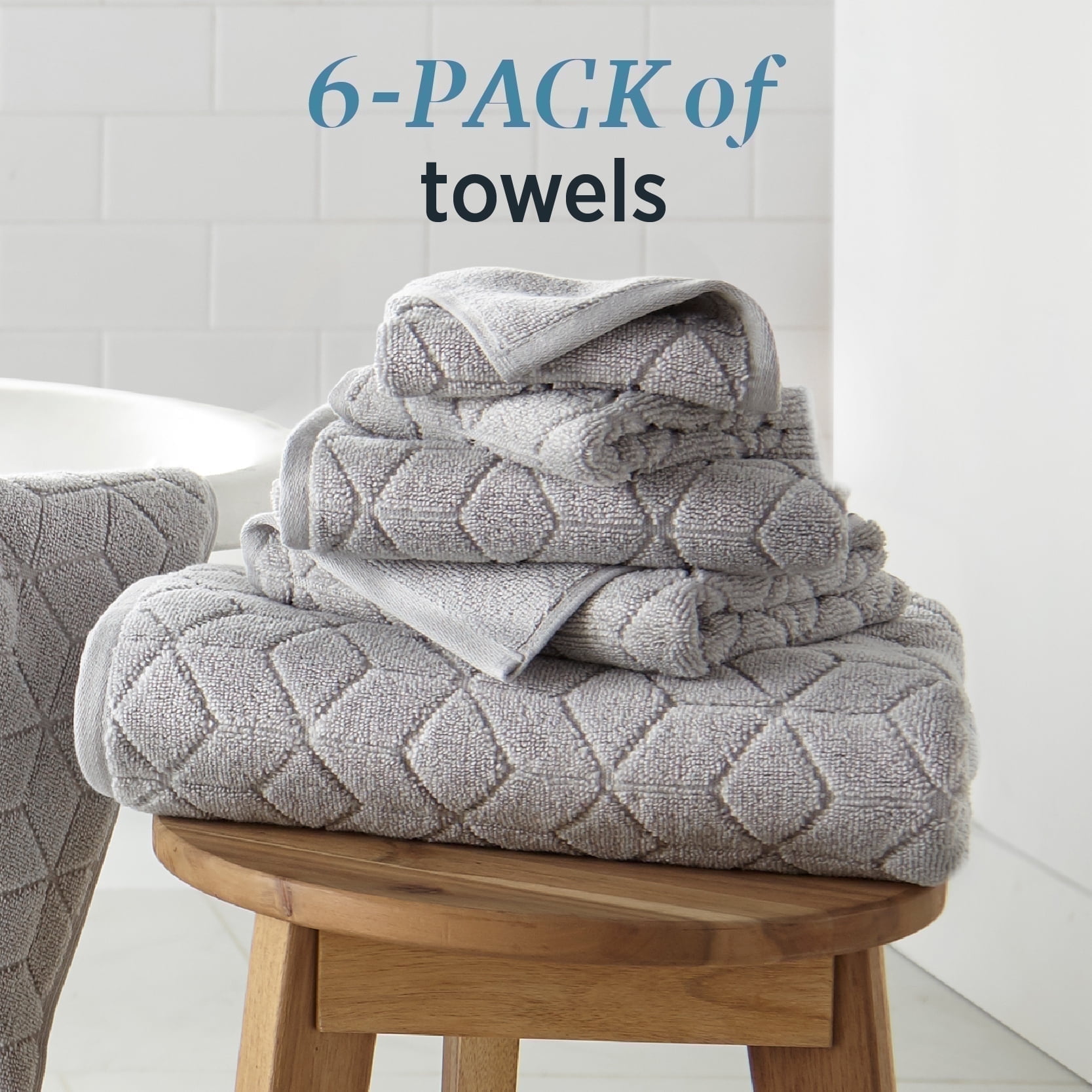 WelHome 100% HYGROCOTTON® 6-Piece Textured Soft Towel Set, Harbor Mist, 550 GSM, 2 Large Bath Towels 30" x 56", 2 Hand Towels, 2 Washcloths, Absorbent & Plush Bathroom Towels