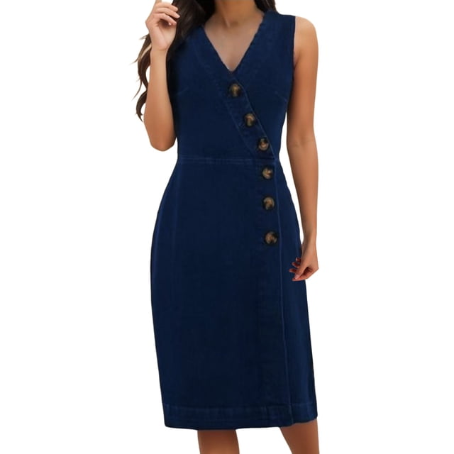 Vestido sexy sin mangas de denim para mujer: estilo europeo, corte holgado informal, cinturón para atar, bolsillos laterales, poliéster, tallas S-XXL, largo hasta la rodilla.