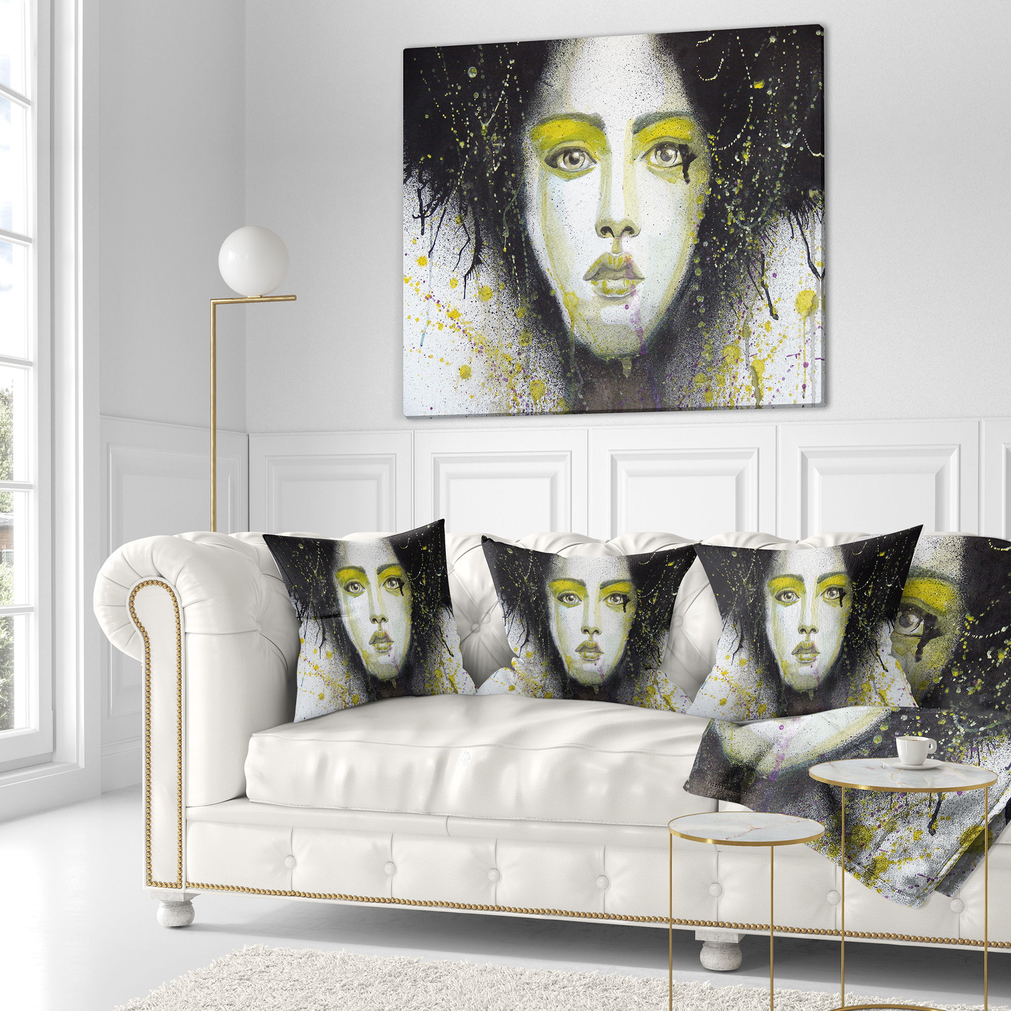 Designart Girl with Yellow Eye line Large - Abstract Portrait Throw Pillow - 16x16