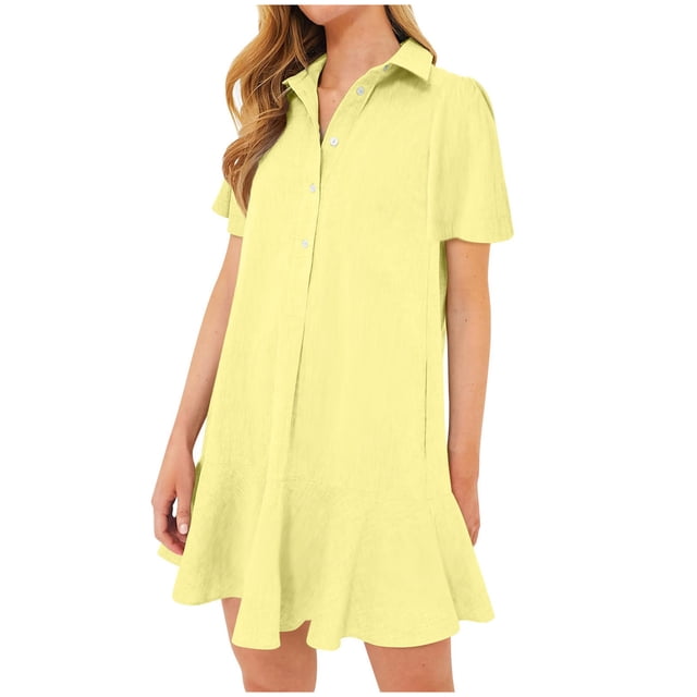 Women's Summer Solid Color Lapel Short Sleeved Buttoned Open Chest Pleated Ruffled Dress Short Skirt,Stylish Lapel Dress with Short Sleeves, Button Detail, and Pleated Ruffles Breathable Fabric