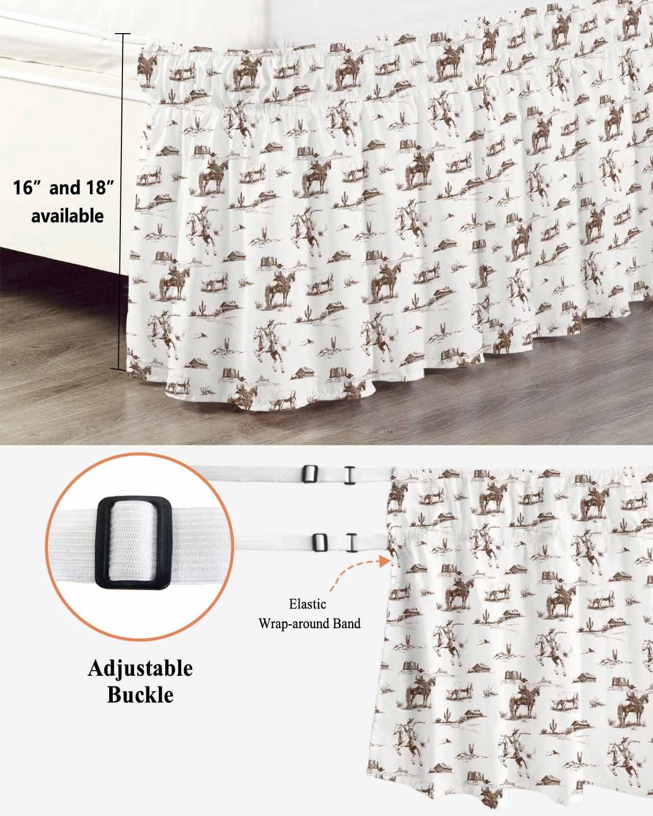 Western Cowboy Wrap Around Bed Skirts for Queen Bed 16" Drop,Bed Skirt with Adjustable Elastic Belt Dust Ruffle Bed Valance for Bedroom Hotel Retro Desert Cactus Country Cowboy Brown Bed Frame Cover