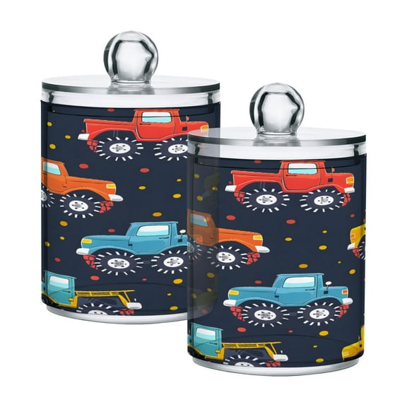 2 Pack Hand Paint Monster Trucks Qtip Holder Dispenser Clear Plastic Storage Apothecary Jars for Cotton Swabs Balls Pads Floss