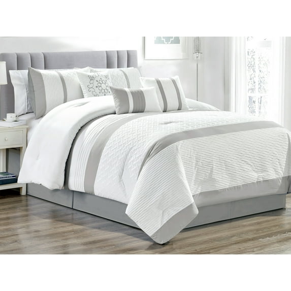 7-Pc Colette Floral Scroll Embossed Weaves Pintuck Pleats Comforter Set White Gray Queen