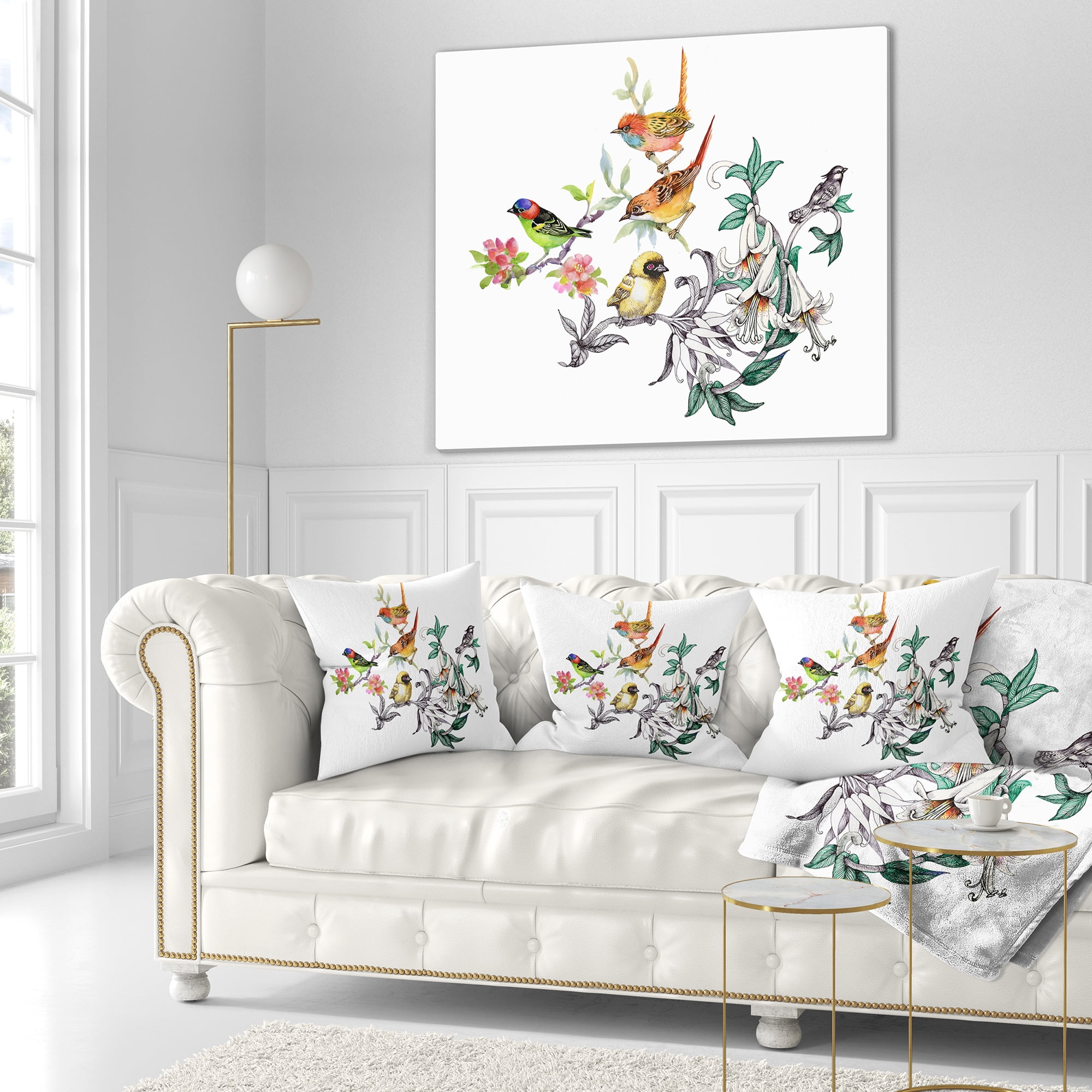 Designart Tropical Flowers and Birds - Birds Throw Pillow - 18x18