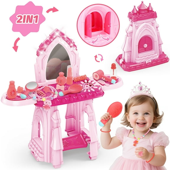 UQN 2 in 1 Toddler Vanity Set Play, Girls Makeup Table with Mirror and Lights, Castle with Storage Space, Kids Vanity Pretend Makeup Set Toys, Birthday Gifts for Toddler Girls 2 3 4 5 6 Year Old