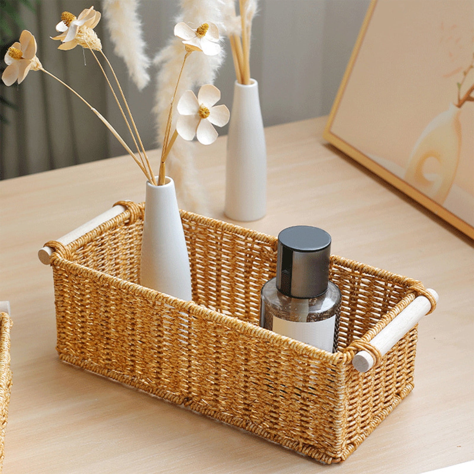 Hand Woven Seagrass Desktop Storage Basket with Handles for Bathroom Kitchen Home Office Counter Organizer for Toiletries Snacks Stationery Natural Rustic