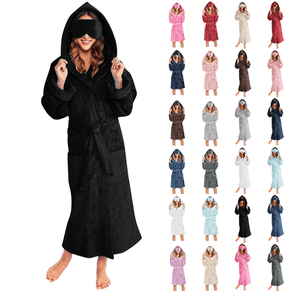 Women's Soft Fleece Hooded Robe Long Sleeve Plush Spa Bathrobe with Pockets Eye Mask Cozy Loungewear Womens Nightgowns Black M