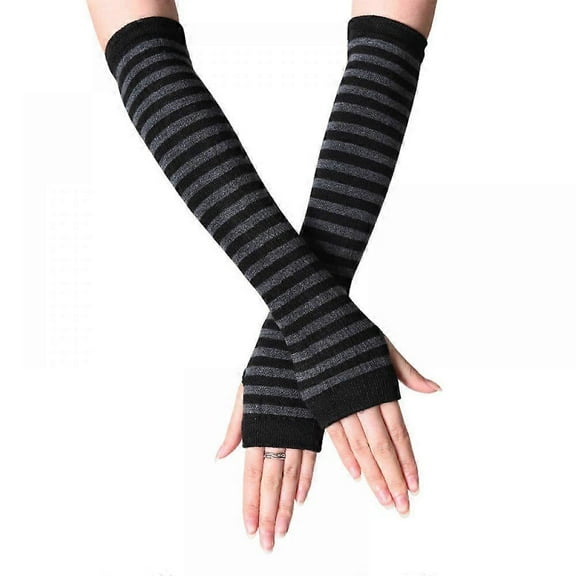 2pcs. Long Gloves With Exposed Fingers, Black And Grey Stripes,for Men And Women