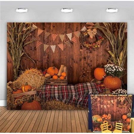 Image of Thanksgiving Wooden Floor Barn Backdrop Autumn Pumpkin Wheat Straw Bunting Vinyl Photography Background Kids Adult Portrait Party Decoration Photo Booth (8x6FT(Width 240cm x Height 180cm)