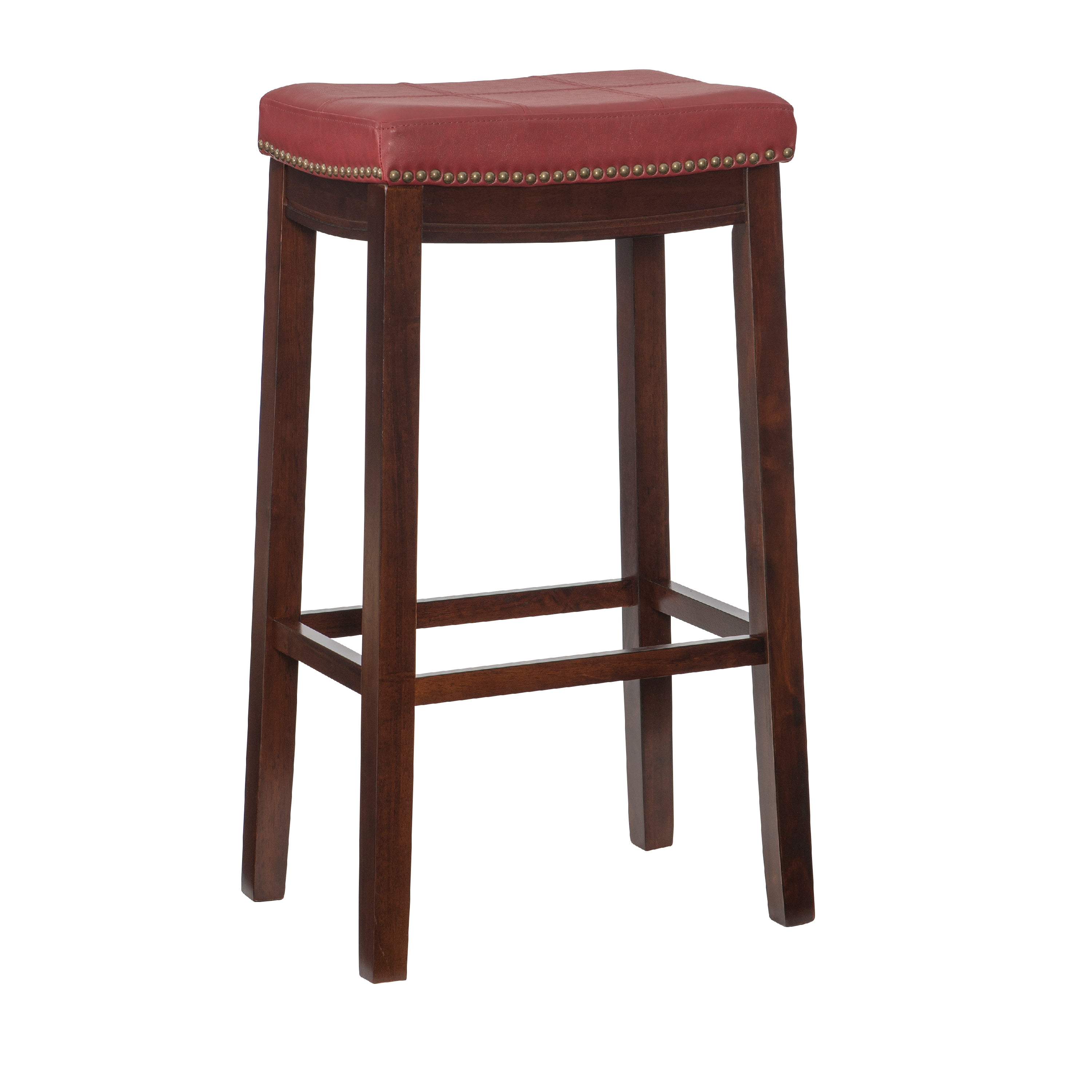 Red Leather Bar Stool With Back 34" Seat Height Nail Heads Espresso Wood Frame S 