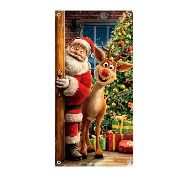 Eoozwa Christmas Door Cover Reindeer Santa Claus Banner Photo Backdrop Background Santa Door Hanging Banner Winter Holiday Christmas Eve New Year Home Party Decoration Supplies 71x35in