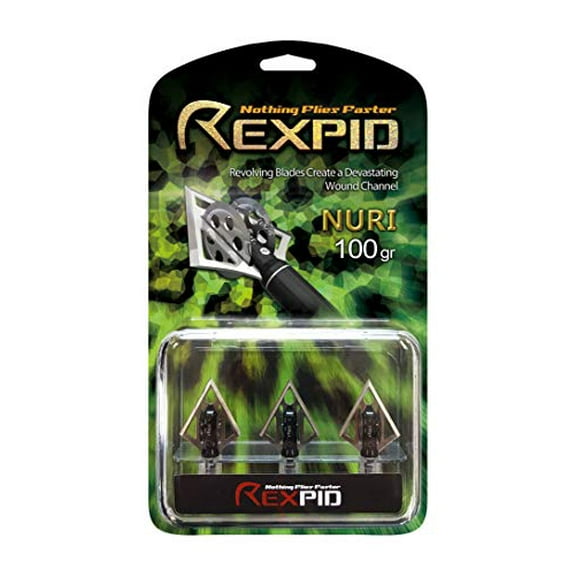 Rexpid NURI Fixed Broadheads 100 Grain, 3 Pack - Fixed Hunting Arrows Heads, Rotary Wing Blades, 1-1/8˝ Cut Arrow Tip for Compound Bow, 0.039" Blade Thickness - Broadhead Case Incl