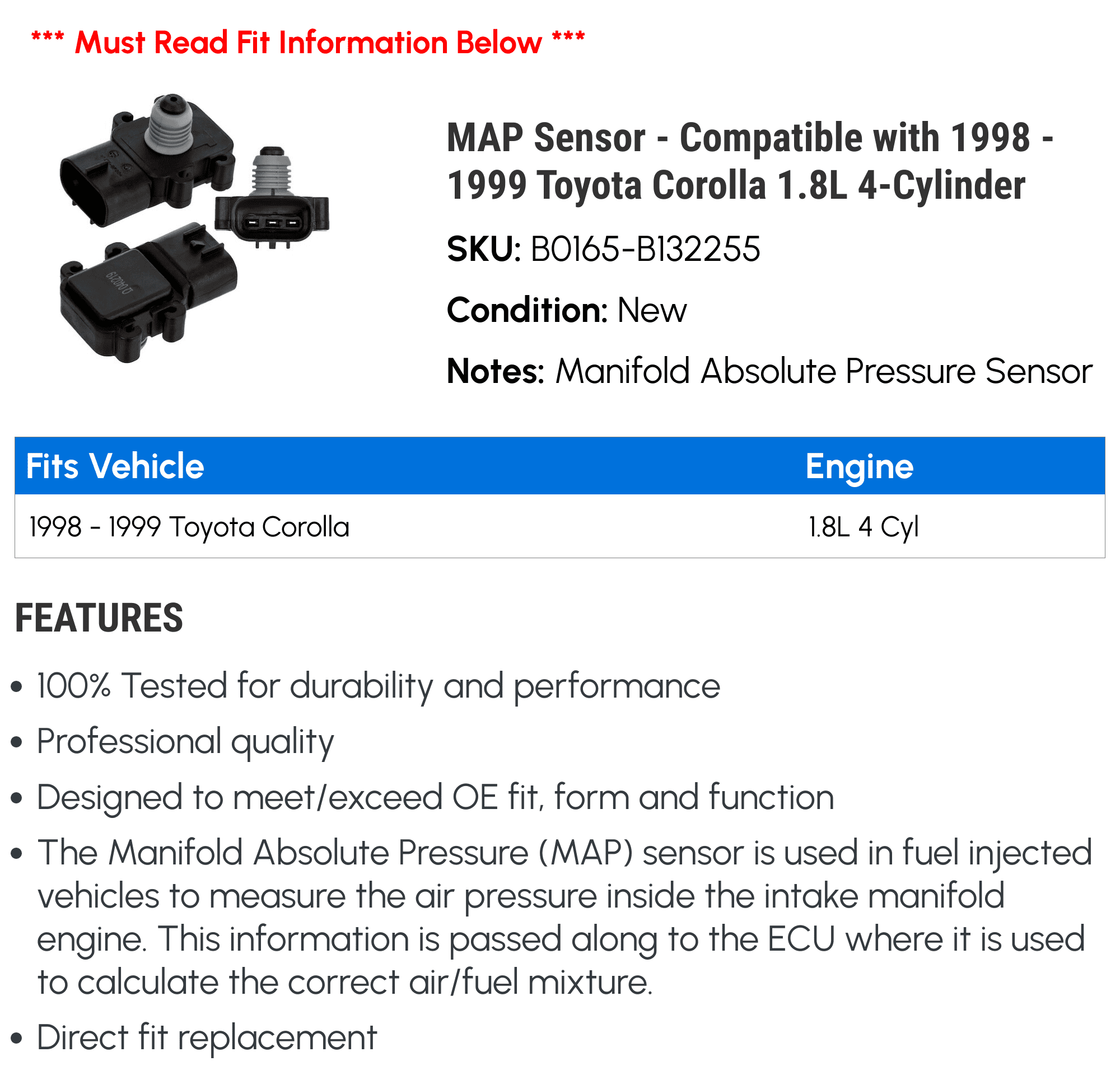 MAP Sensor - Compatible with 1998 - 1999 Toyota Corolla 1.8L 4-Cylinder