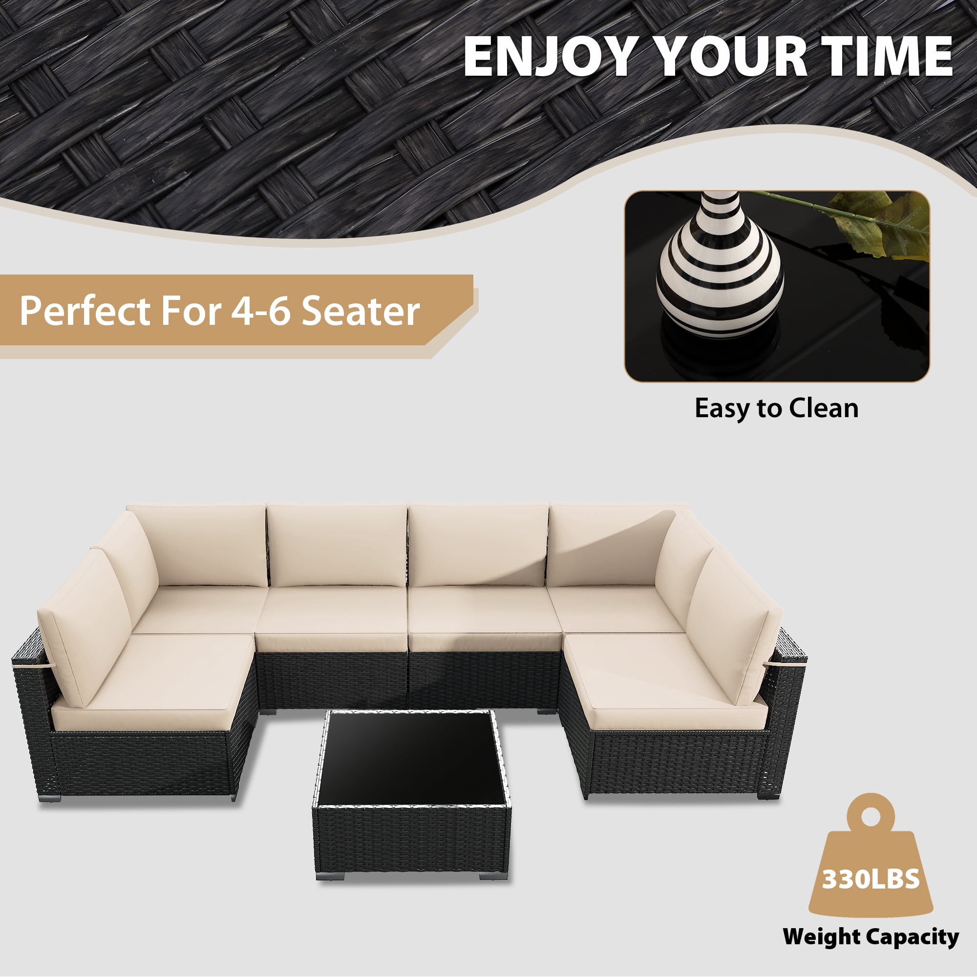 KIGOTY 7 Piece Outdoor Patio Furniture, Wicker Rattan Outdoor Conversation Set Sectional Sofas for Backyard, Garden, Black-White