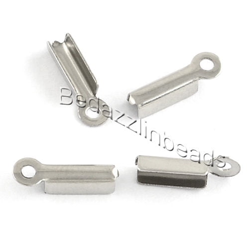 50 Surgical Stainless Steel Silver Fold Over Crimp Bead End Cording Cap Findings With Loop for Cord Endings