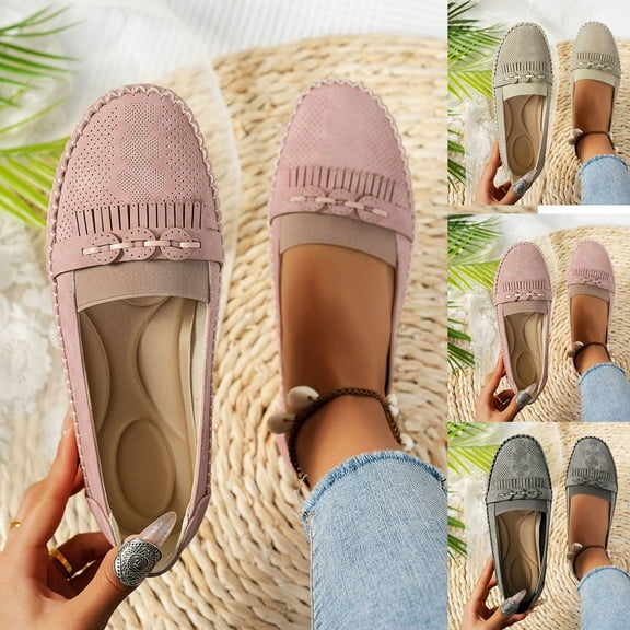 Miluxas Women's Loafers Classic Solid Color Simple Retro Round Toe Flat Casual Slip on Comfort Women Loafer Shoes Pink 9.5(43)