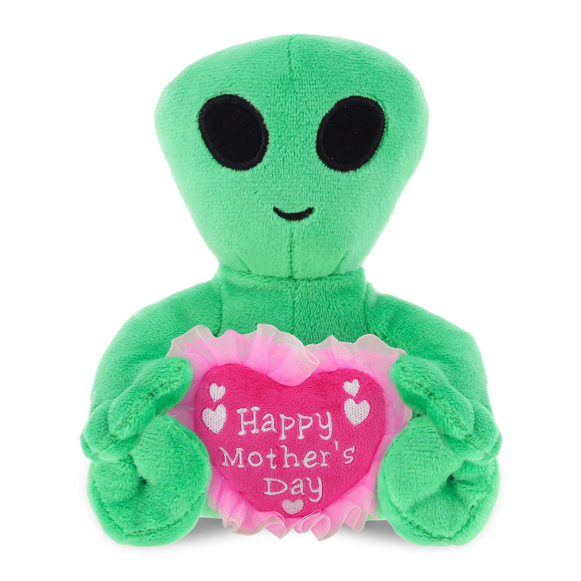DolliBu Happy Mother's Day Super Soft Plush Green Alien - Cute Stuffed Animal with Pink Heart Message for Best Mommy, Grandma, Wife, Daughter - Cute Space Theme Plush Toy Gift - 6 Inches