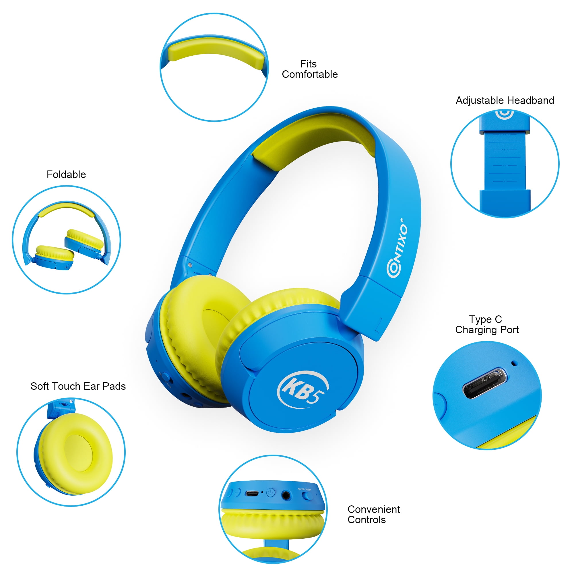 Contixo KB-5 Wireless Kids Headphones, Over-Ear Foldable Bluetooth Headset with 85dB Volume Limit, Blue/Yellow