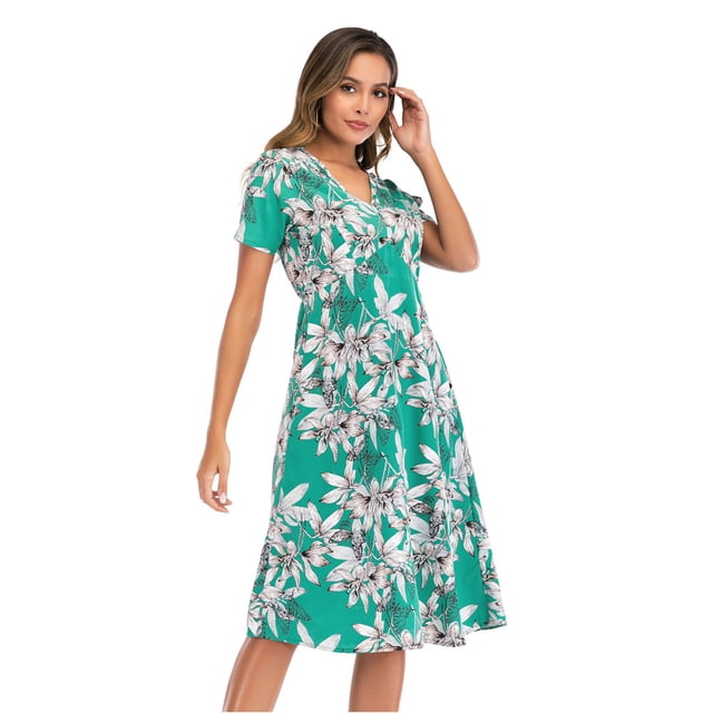 FcBaudy Robe à Manches Courtes Col Rond Hauteur Genou, Robes d'Été pour Femmes, Robes Décontractées à Manches Courtes Col en V à Fleurs pour Femmes Robe de Plage d'Été Mode Robe pour Femmes