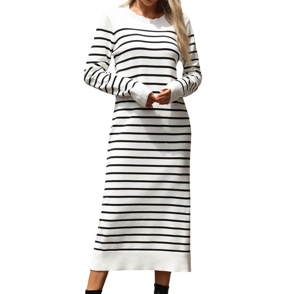 Wedding Guest Dresses for Women Women's Fall Striped Sweater Dresses 2024 Casual Long Sleeve Crew Neck Knit Sweater Midi Dress Evening Party Formal Plus Size S-166 White XL