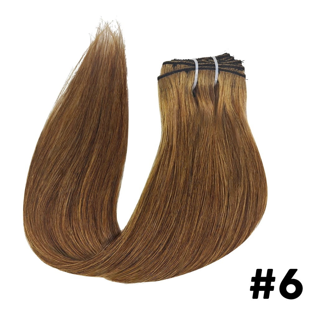 Straight Clip In Hair Extensions Medium Light Brown Color #6 Brazilian Human Hair Clip Ins 8Pcs