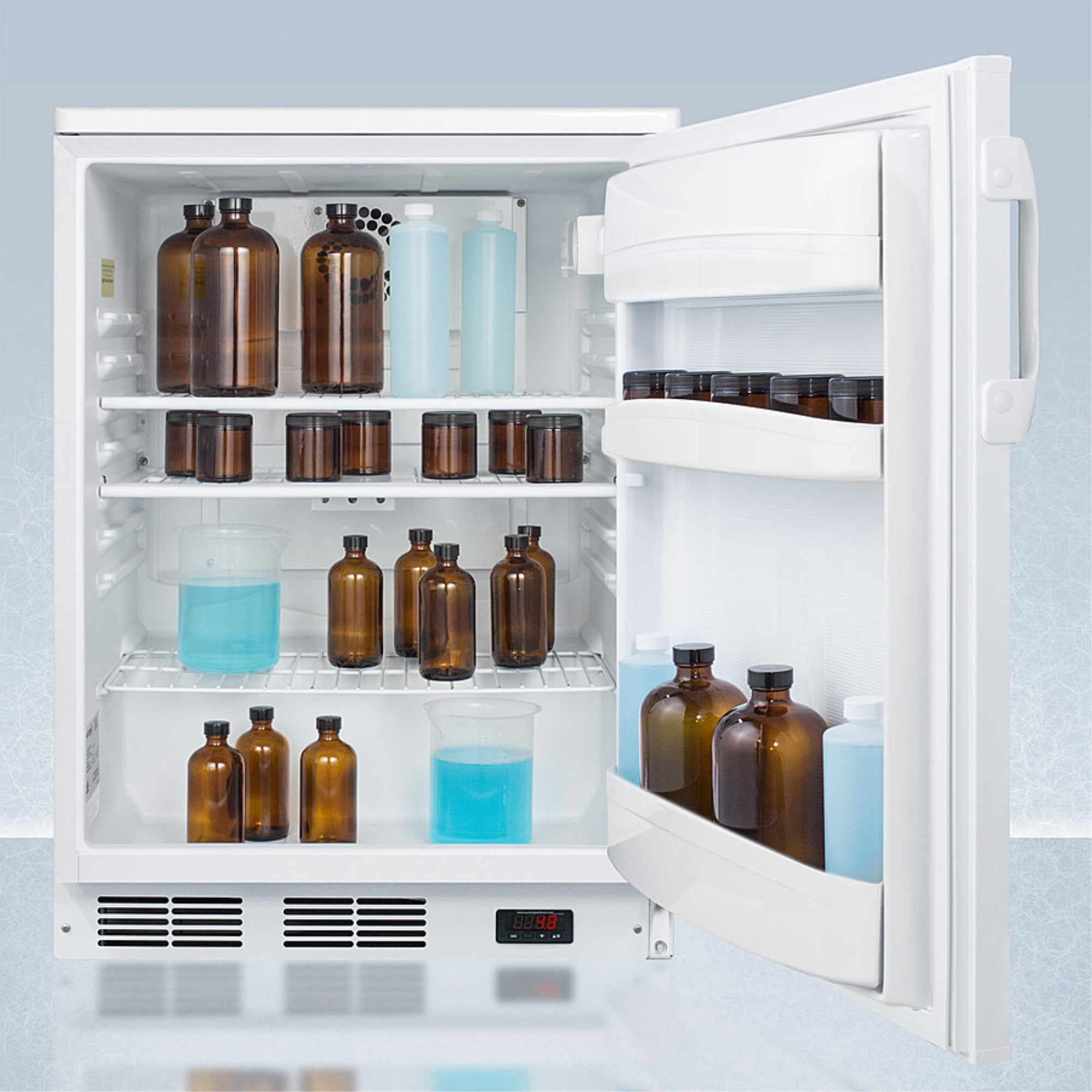 24" wide built-in all-refrigerator in white, auto defrost with a lock, NIST calibrated thermometer, digital thermostat, door storage, and internal fan