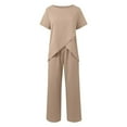thumbnail image 6 of Duoif Womens Summer Outfits Women's Two Piece Outfits Irregular Short Sleeve Crew Neck Pullover Top Elastic Waist Wide Leg Pull on Pants Set with Pockets Pant Suits for Women Dressy Beige L, 6 of 9