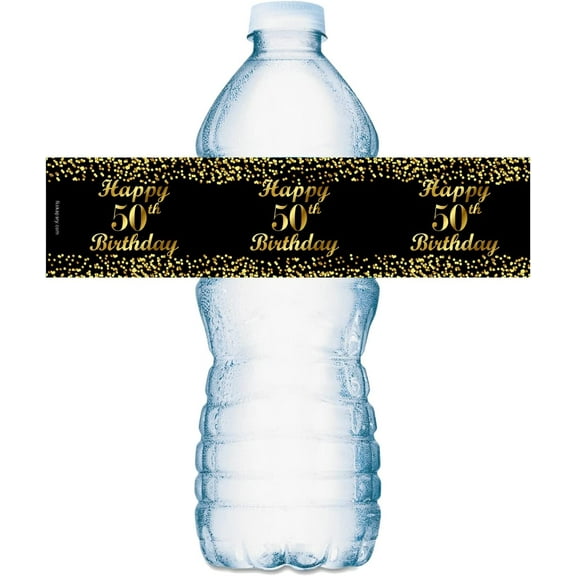 50th Birthday Black Water Bottle Labels; Set of 20 Waterproof Water Bottle Wrappers; Gold and Black Stickers. Happy Birthday Labels