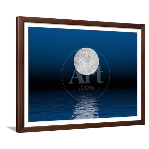 Beautiful Full Moon Against a Deep Blue Sky over the Ocean, Scenic Framed Art Print Wall Art Sold by Art.Com