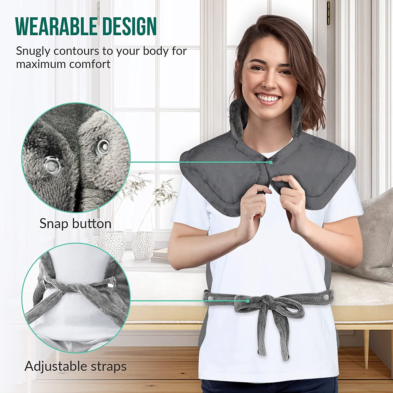 Snailax Heating Pad for Back Pain Relief, Electric Large Heat Pad for Neck and Shoulders, Weighted Wearable Heated Wrap