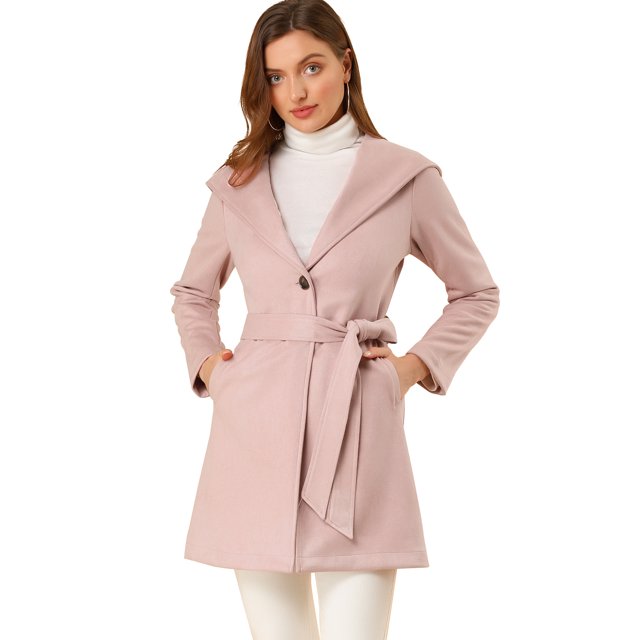 Abrigo Largo Con Cinturón Y Solapa De Invierno Para Mujer Con Bolsillos Rosa M