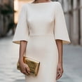 thumbnail image 2 of Morttic Women's Elegant Boat Neck Midi Pencil Dress – Flare Sleeve Slim Bodycon Office Formal Wedding Dress Apricot，S, 2 of 3