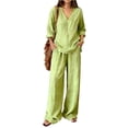 thumbnail image 3 of Lumtrix Linen Sets For Women 2 Piece Summer Long Sleeve V Neck Shirts Matching Wide Leg Lounge Pants with Pockets Beach Vacation Outfits Green XL, 3 of 6