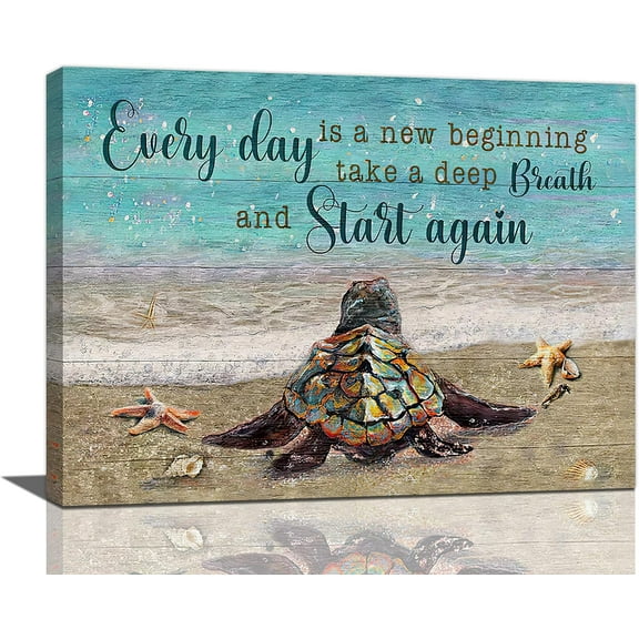 Sea Turtle Bathroom Decor Wall Art Inspirational Quotes Every Day Is A New Beginning Beach Ocean Starfish Pictures Wall Decor Canvas Painting Prints Artwork Decorations Framed for Bedroom 16"x12"