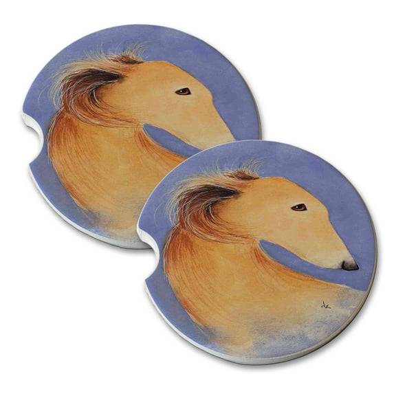 KuzmarK Sandstone Car Drink Coaster (set of 2) - Long-Haired Fawn Whippet Sighthound Dog Art by Denise Every