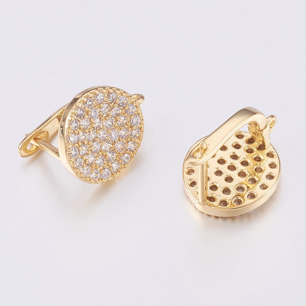 20 pc Brass Micro Pave Cubic Zirconia Hoop Earring Findings with Latch Back Flat Round Clear Golden 16x12x13mm Hole: 1.2mm Pin: 1.2mm